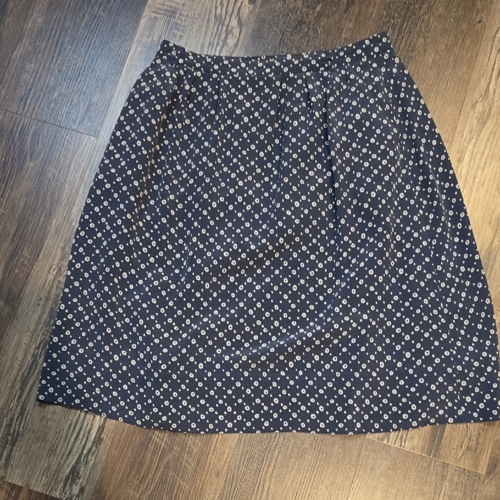 Fossil Dark Blue A-Line Skirt with White Dots, silk skirt, sz 8